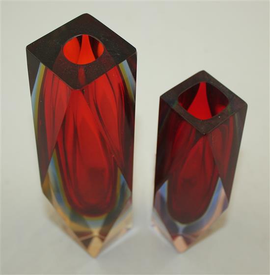 Two Murano three colour Sommerso faceted glass vases, possibly Mandruzzato, 1960s-70s, 16.5cm - 20.5cm, one with label Bonora & C.